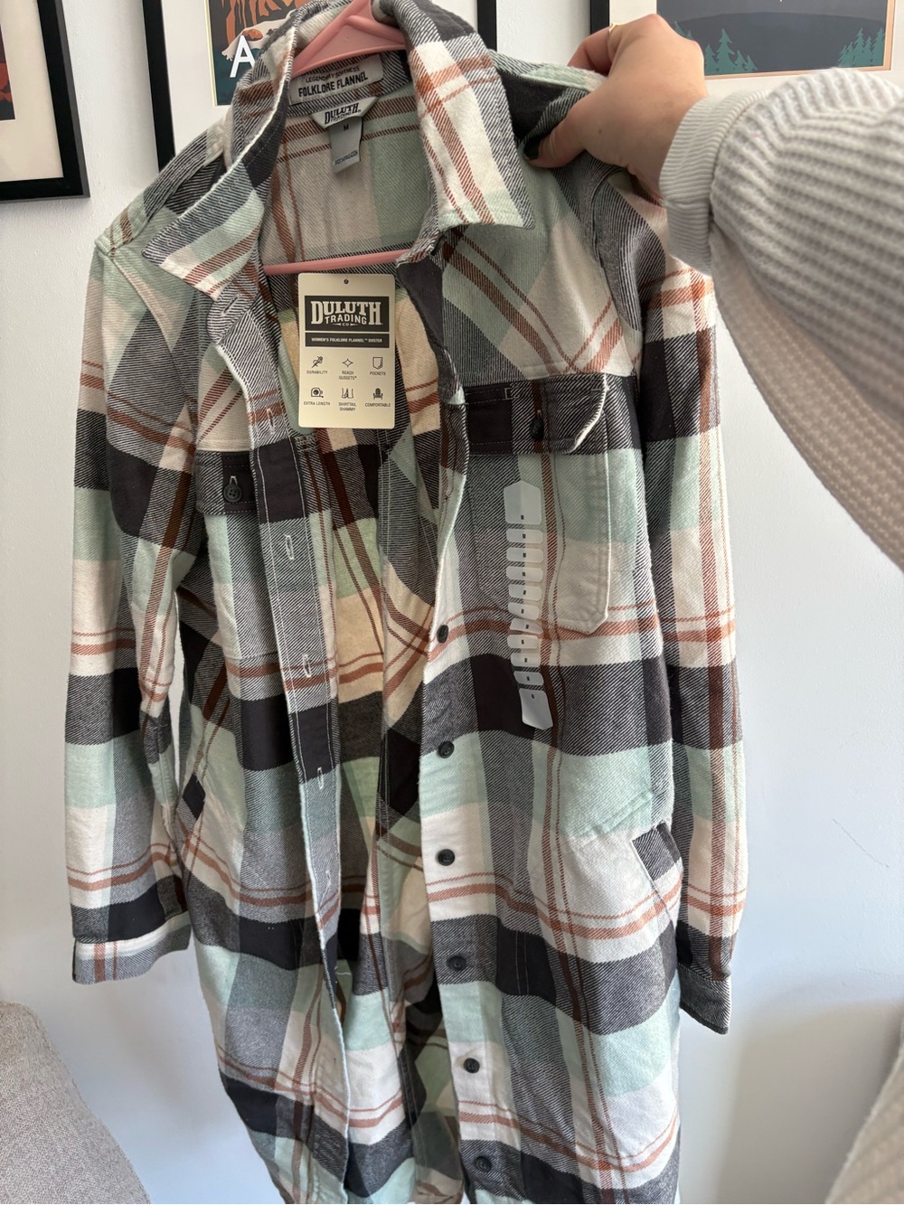 Duluth Trading Co Plaid Button-Down Shirt - Mint, Brown, Cream